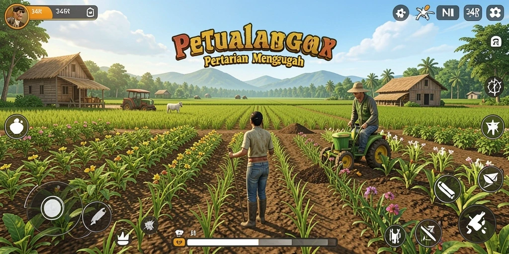 Gameplay 34R dengan ladang yang subur dan tanaman beragam.