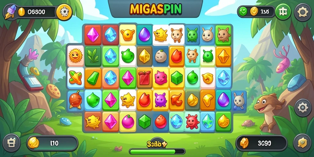 Tampilan menarik dari gameplay <strong>MIGASPIN</strong> yang menampilkan aksi Match-3.