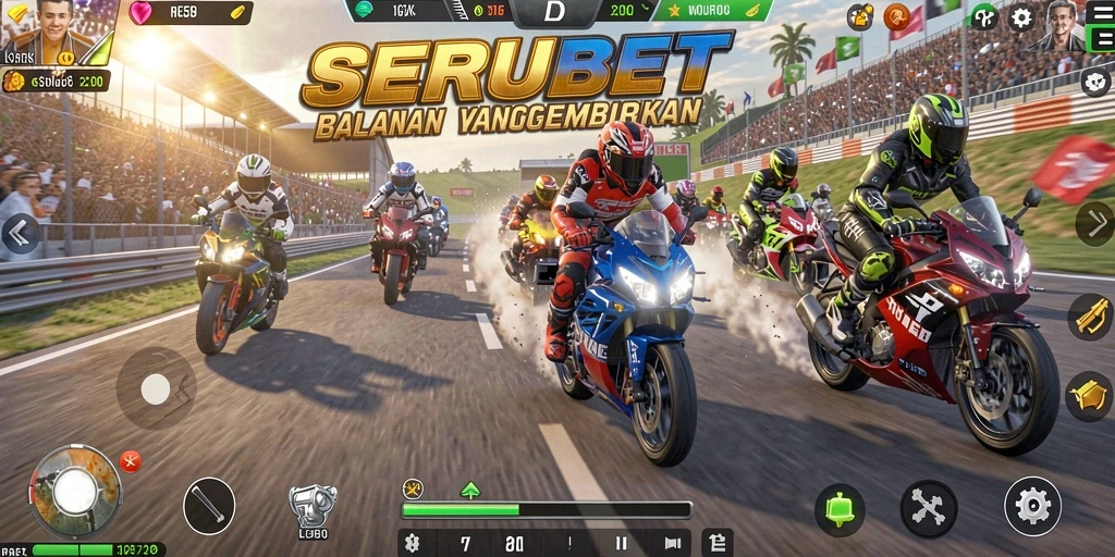 Screenshot SERUBET menampilkan aksi balapan motor yang mendebarkan.